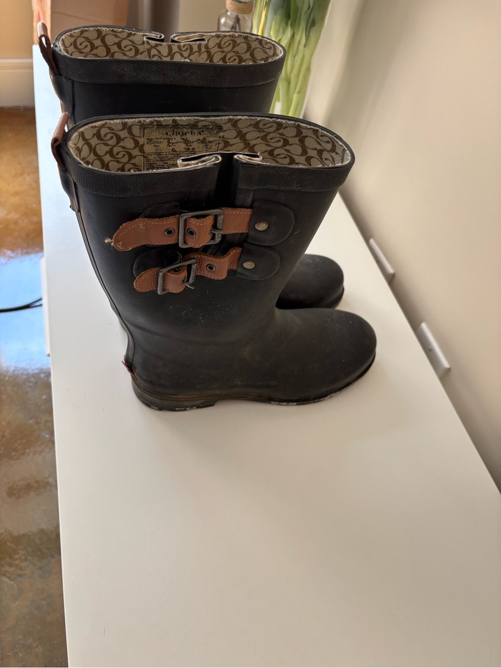 chooka Black Rain Boots with Brown Buckle Accents